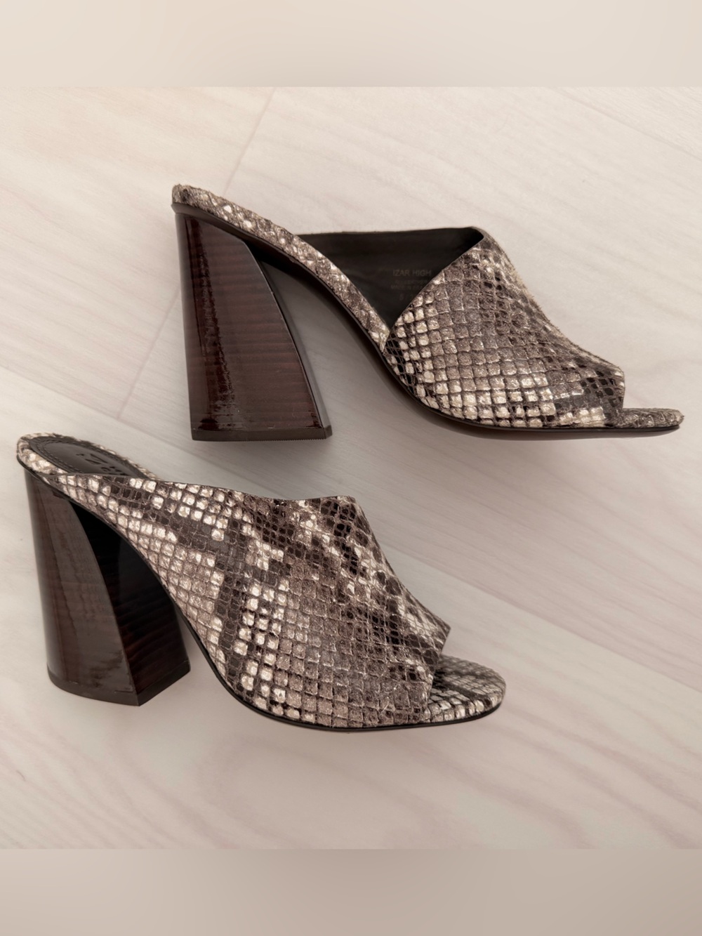 MERCEDES CASTILLO Metallic Snake-Print Mules in Silver and Brown